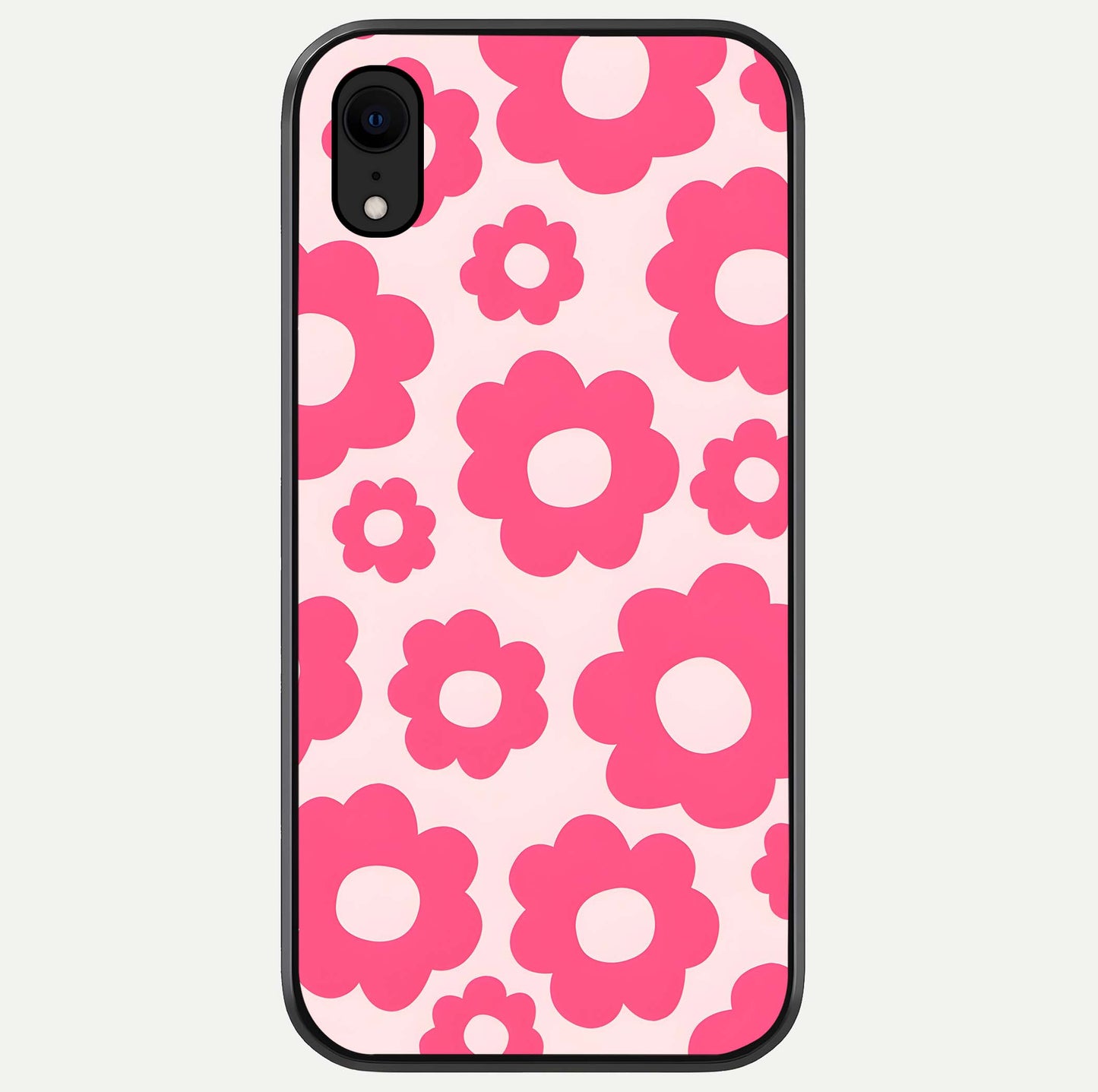 Blush Flower Pop iPhone Xr glass phone case front view featuring playful blush floral artwork with glossy finish
