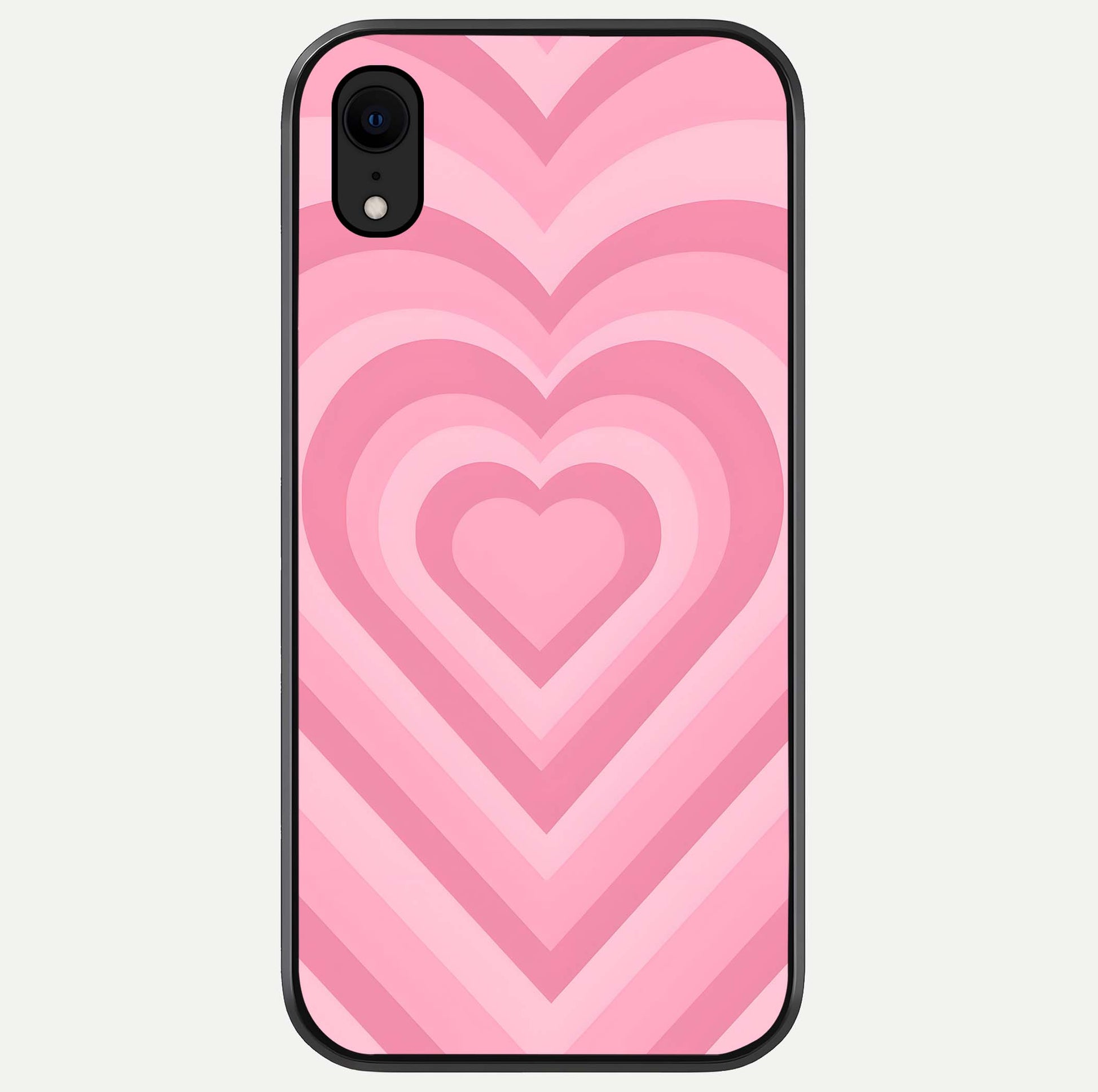Blush Heart Waves iPhone Xr glass phone case front view showcasing flowing heart wave patterns in soft blush tones