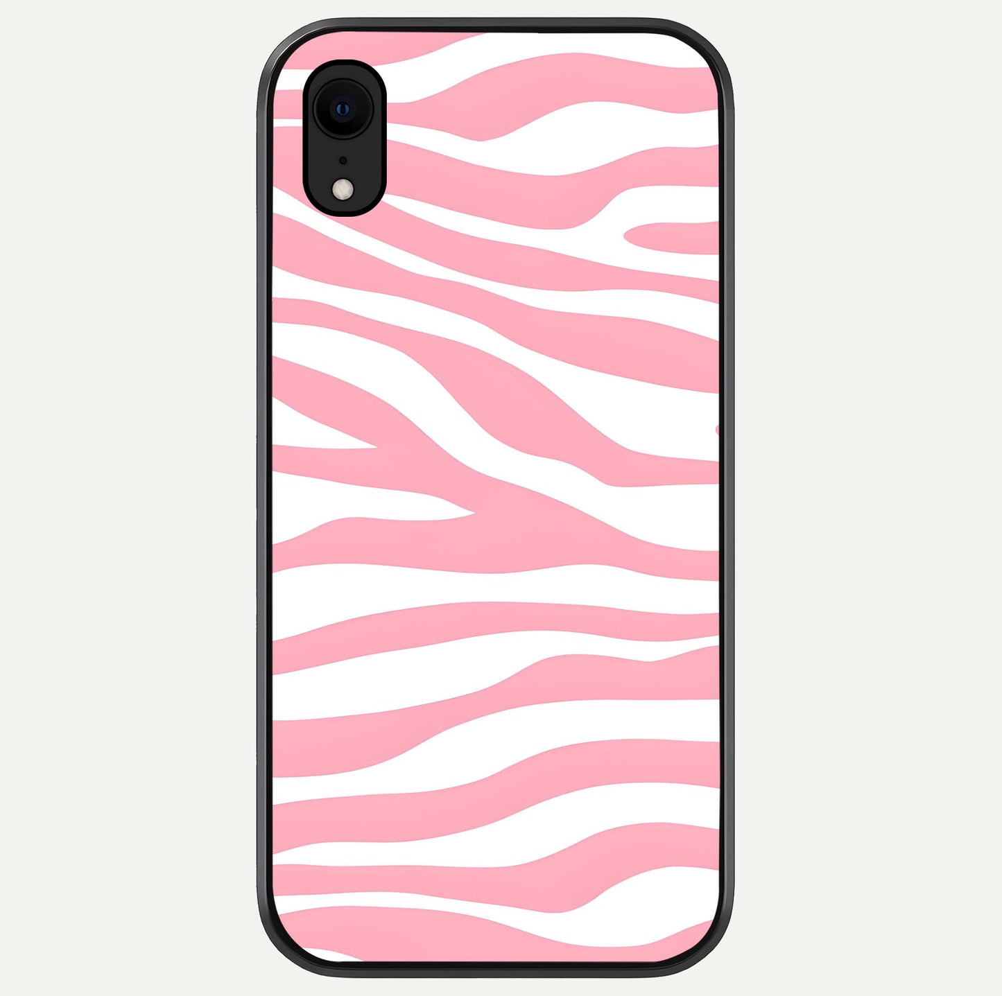 Blush Zebra Flow iPhone Xr glass phone case front view featuring modern zebra flow pattern in blush tones