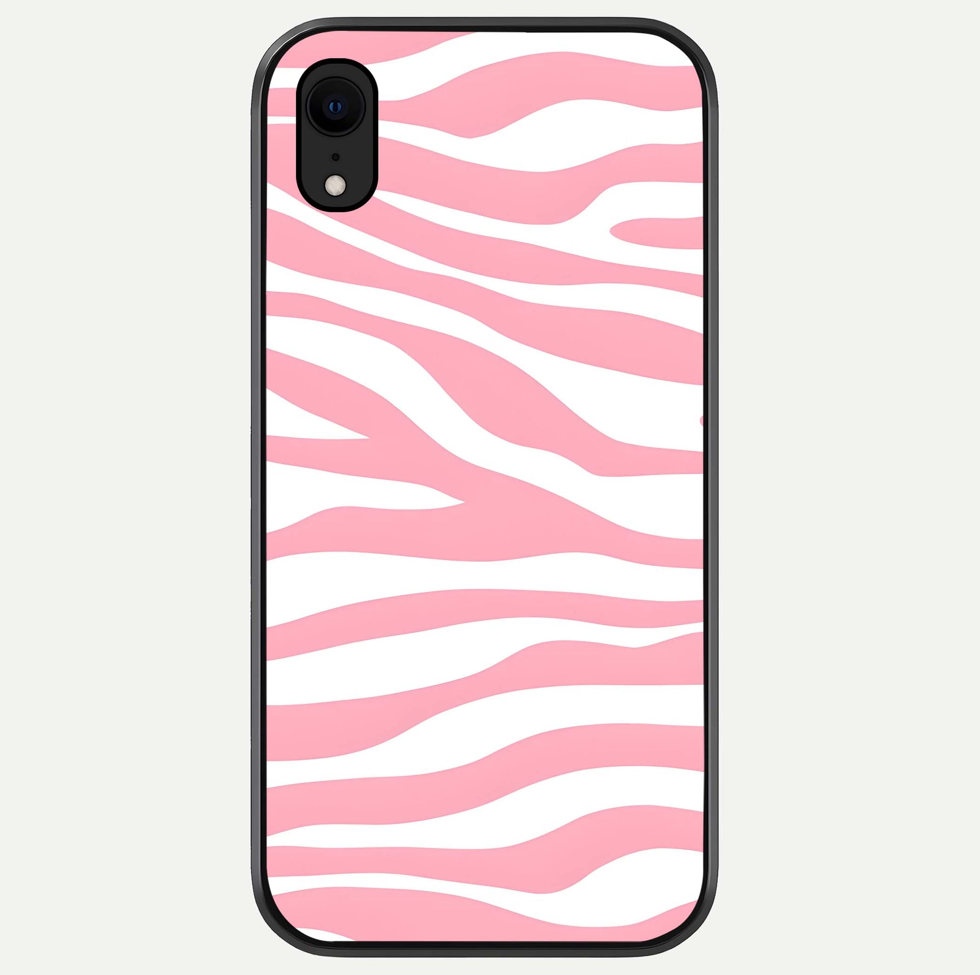 Blush Zebra Flow iPhone Xr glass phone case front view featuring modern zebra flow pattern in blush tones