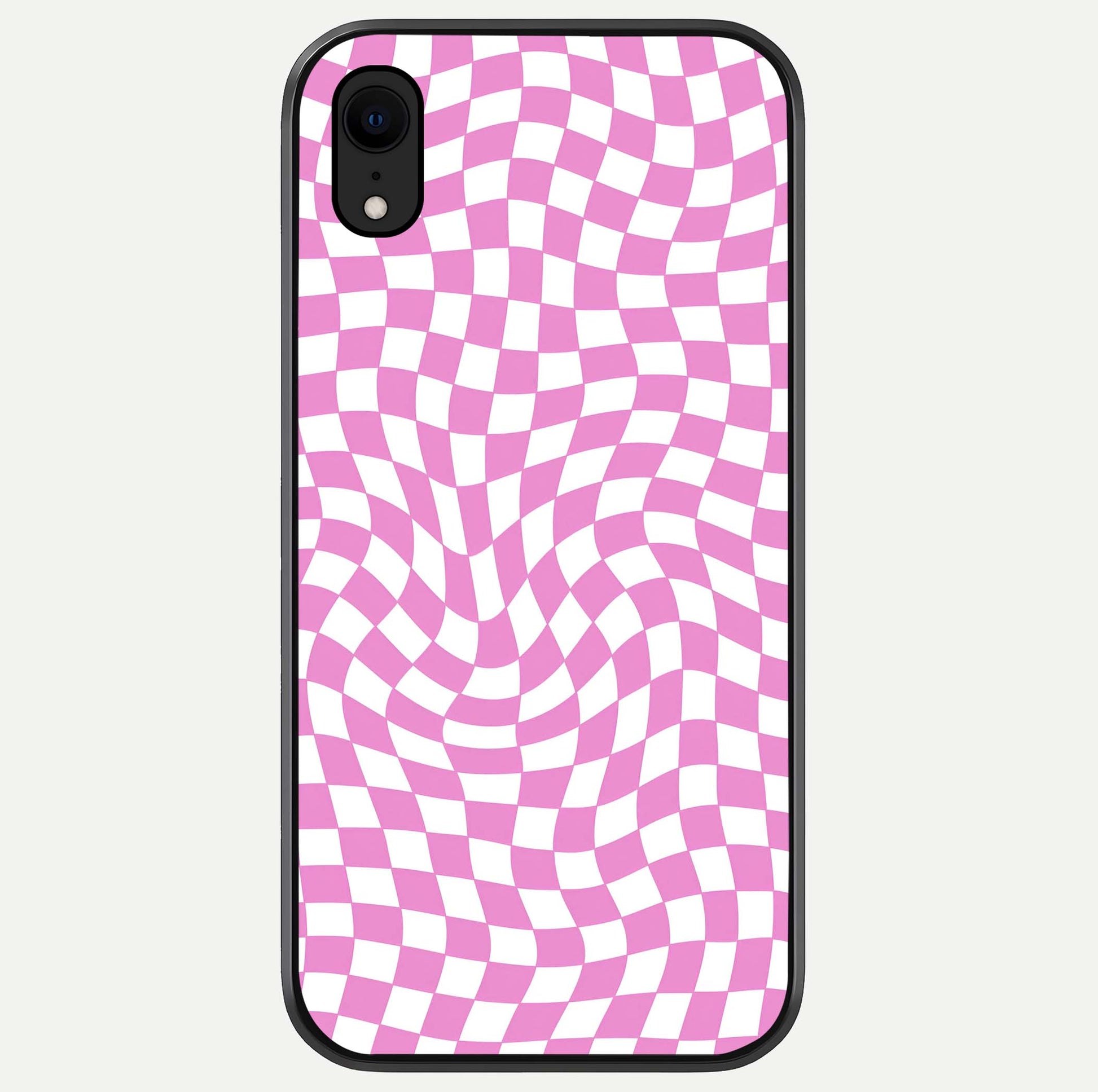 Bubblegum Check Wave iPhone Xr glass phone case front view showcasing playful bubblegum check wave pattern with glossy finish