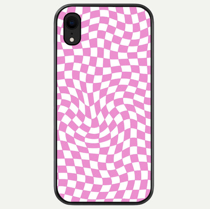 Bubblegum Check Wave iPhone Xr glass phone case front view showcasing playful bubblegum check wave pattern with glossy finish