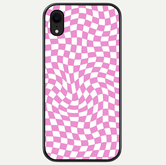 Bubblegum Check Wave iPhone Xr glass phone case front view showcasing playful bubblegum check wave pattern with glossy finish