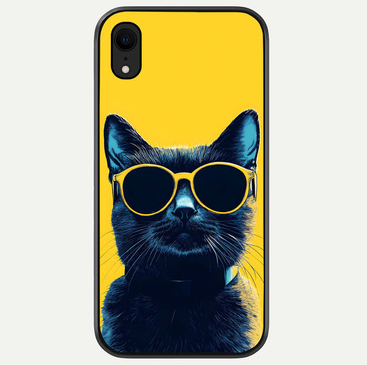 Cool Cat Vibes iPhone Xr glass phone case front view featuring playful cat illustration with cool aesthetic tones