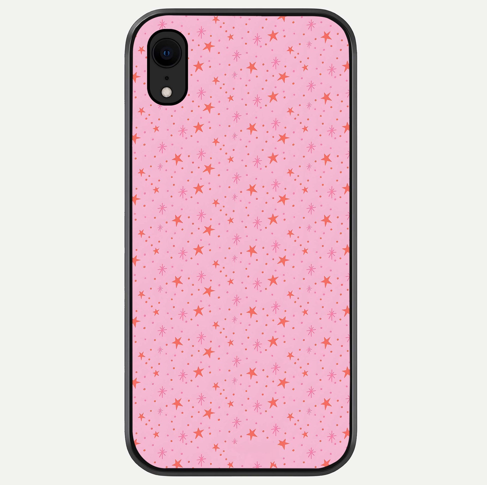 Cosmic Pink Sparkle iPhone Xr glass phone case front view showcasing shimmering pink cosmic artwork with glossy finish