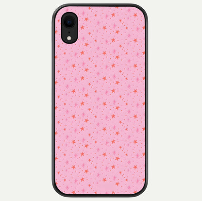 Cosmic Pink Sparkle iPhone Xr glass phone case front view showcasing shimmering pink cosmic artwork with glossy finish