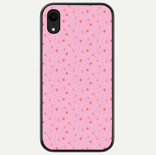 Cosmic Pink Sparkle iPhone Xr glass phone case front view showcasing shimmering pink cosmic artwork with glossy finish