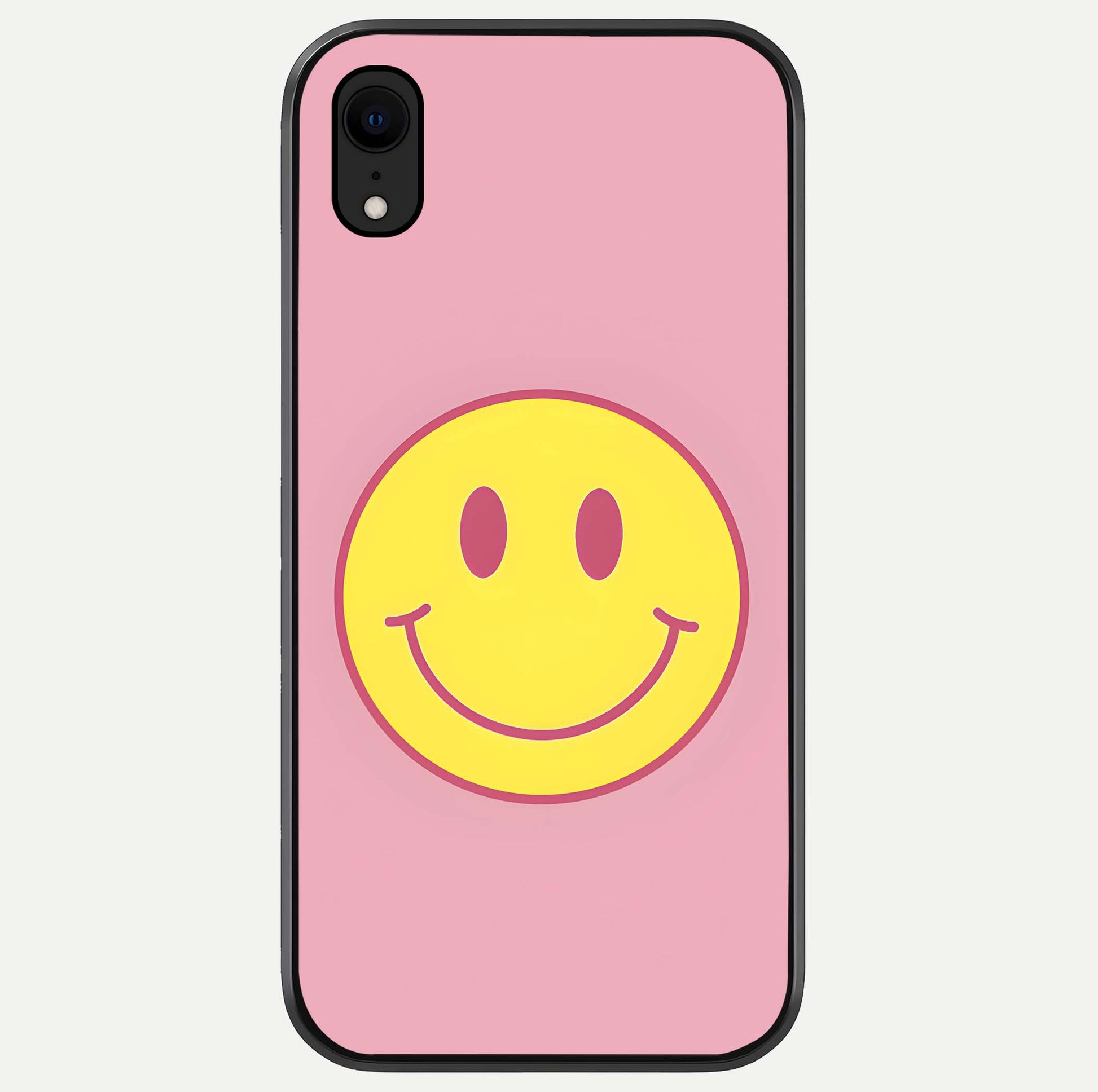 Happy Pink Mood iPhone Xr glass phone case front view featuring cheerful pink tones and playful aesthetic design