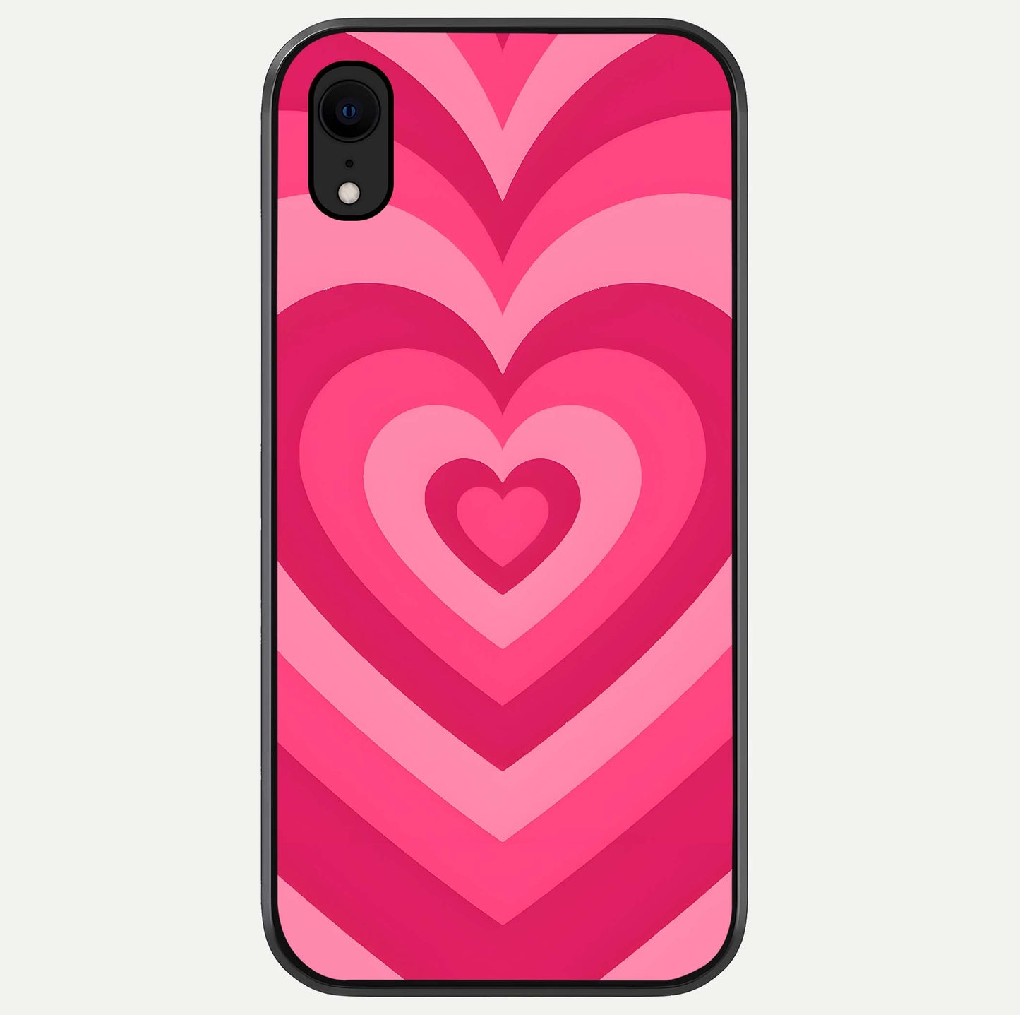 Layered Love Hearts iPhone Xr glass phone case front view showcasing layered heart patterns with romantic aesthetic