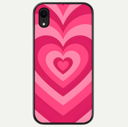 Layered Love Hearts iPhone Xr glass phone case front view showcasing layered heart patterns with romantic aesthetic