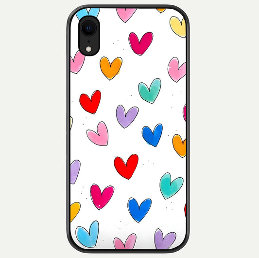Playful Love Doodles iPhone Xr glass phone case front view featuring cute love doodle illustrations with fun vibe