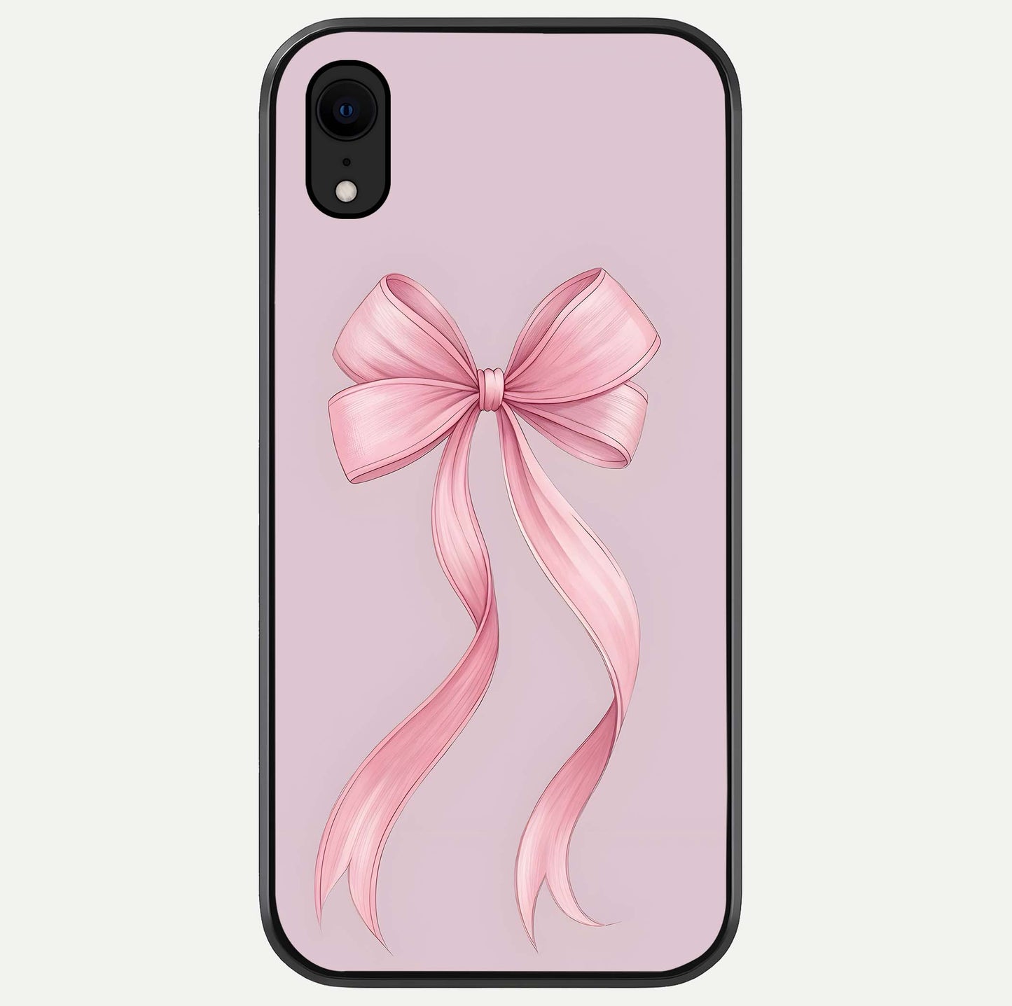 Soft Blush Bow iPhone Xr glass phone case front view showcasing soft blush tones with elegant bow design