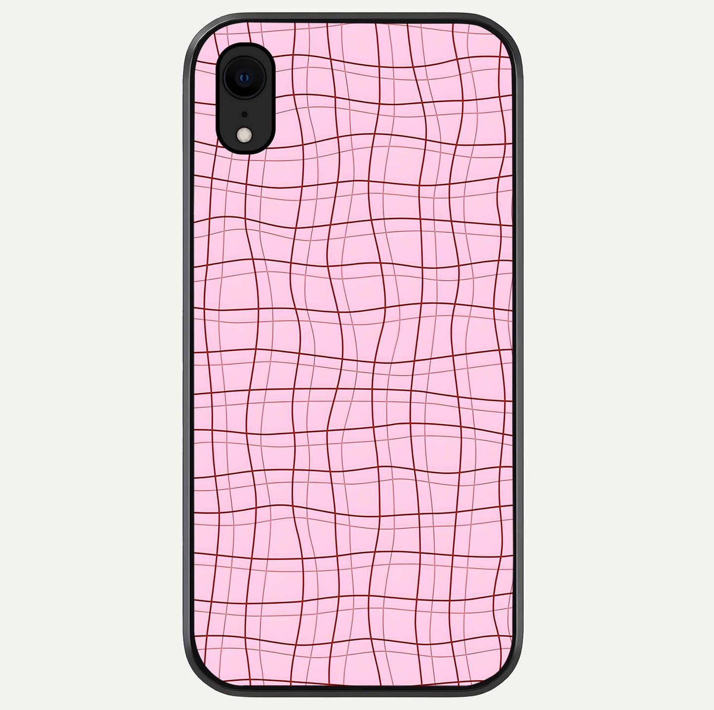 Soft Grid Bliss iPhone Xr glass phone case front view showcasing minimal grid pattern with soft aesthetic