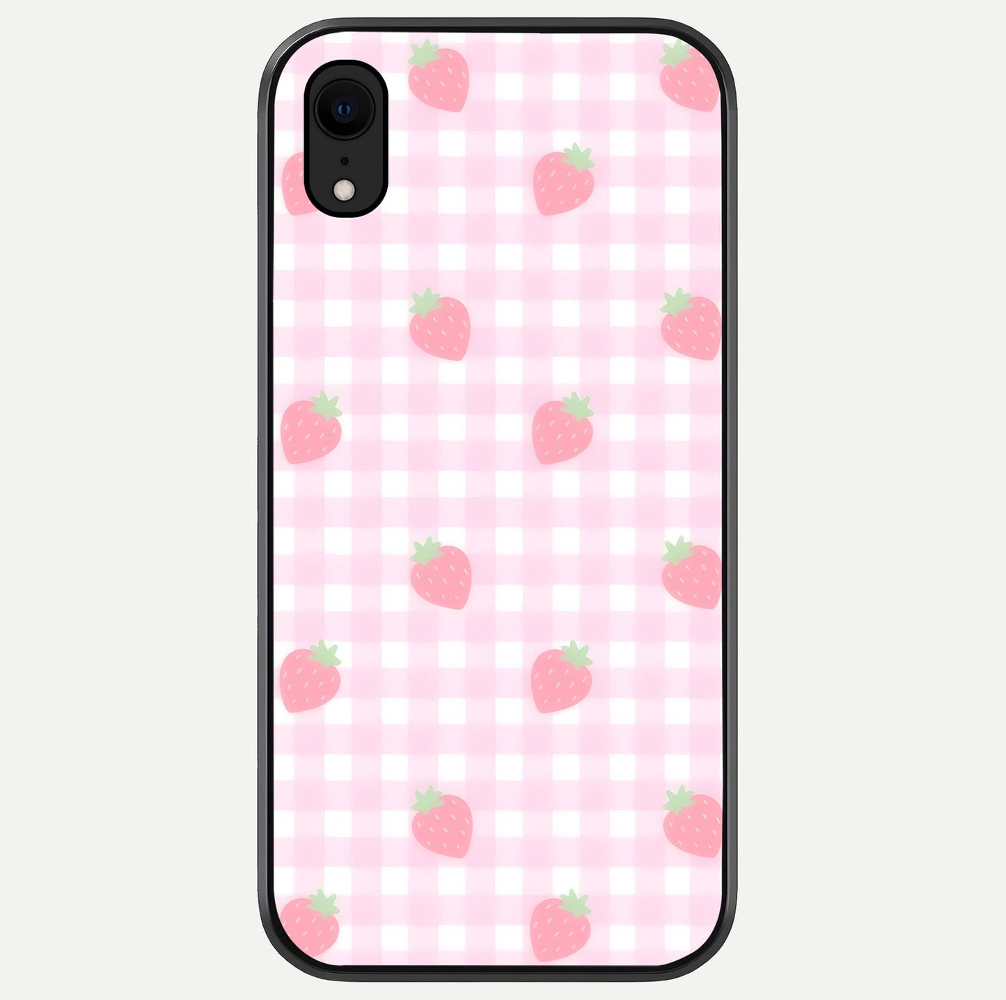 Strawberry Picnic Love iPhone Xr glass phone case front view featuring cute strawberry picnic artwork with romantic vibe