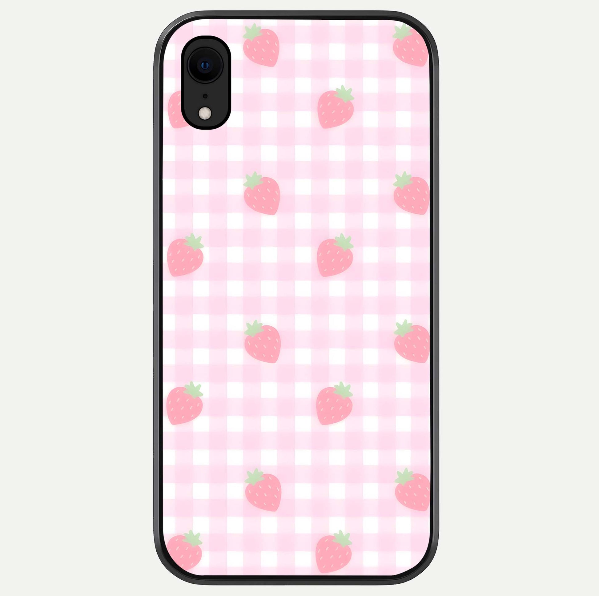 Strawberry Picnic Love iPhone Xr glass phone case front view featuring cute strawberry picnic artwork with romantic vibe