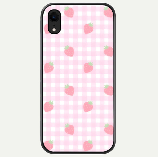 Strawberry Picnic Love iPhone Xr glass phone case front view featuring cute strawberry picnic artwork with romantic vibe