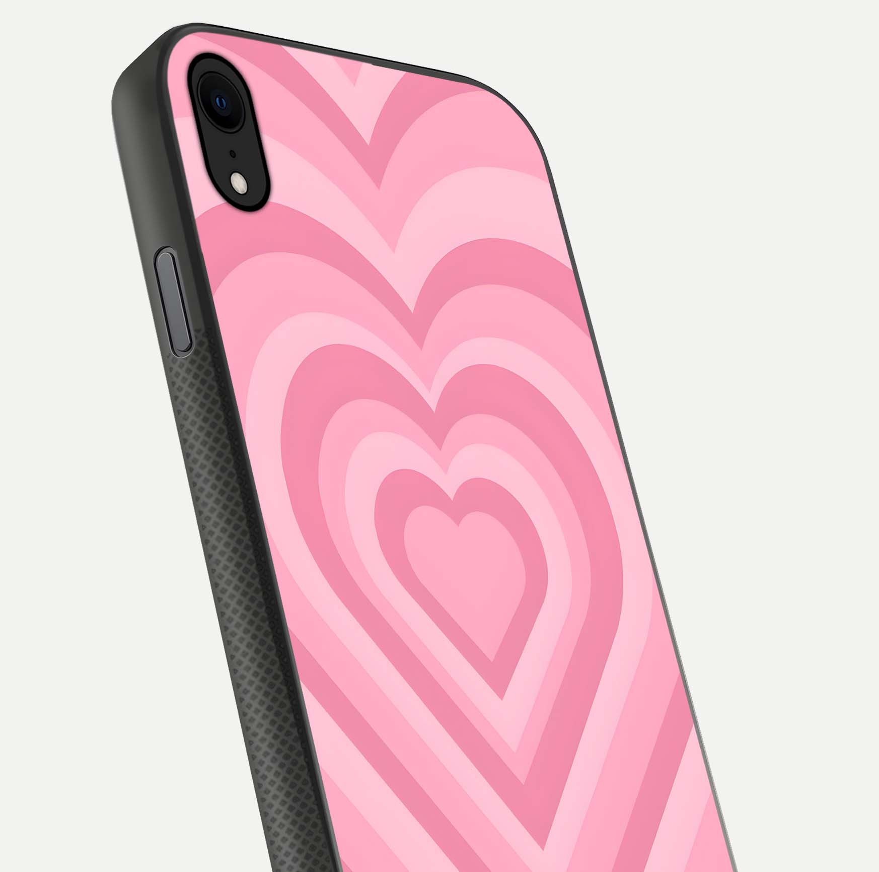 Blush Heart Waves iPhone Xr glass phone case angled back view highlighting romantic heart wave artwork and grip texture