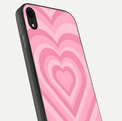 Blush Heart Waves iPhone Xr glass phone case angled back view highlighting romantic heart wave artwork and grip texture