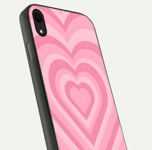Blush Heart Waves iPhone Xr glass phone case angled back view highlighting romantic heart wave artwork and grip texture