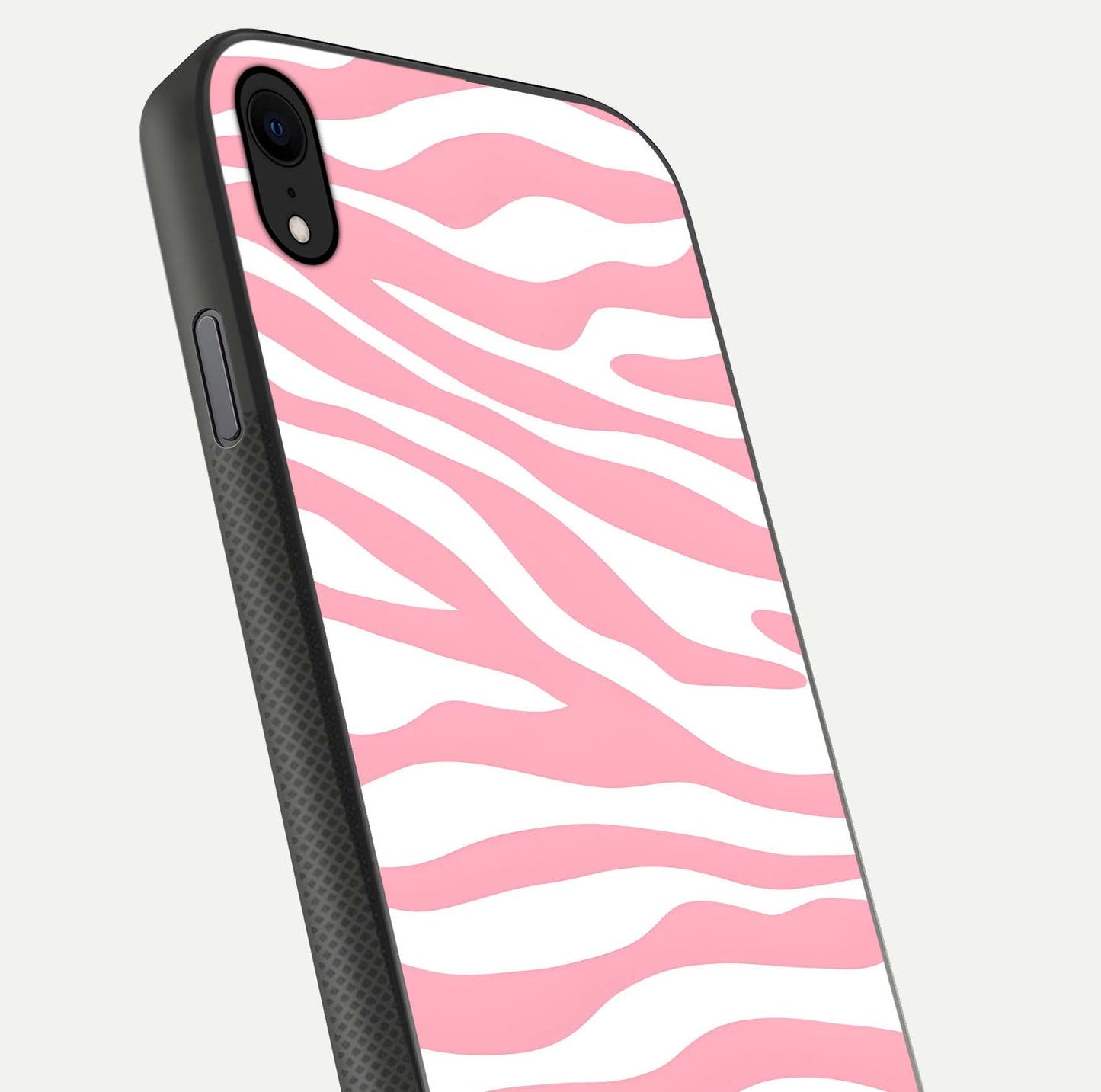Blush Zebra Flow iPhone Xr glass phone case angled back view highlighting bold zebra artwork and textured side grip