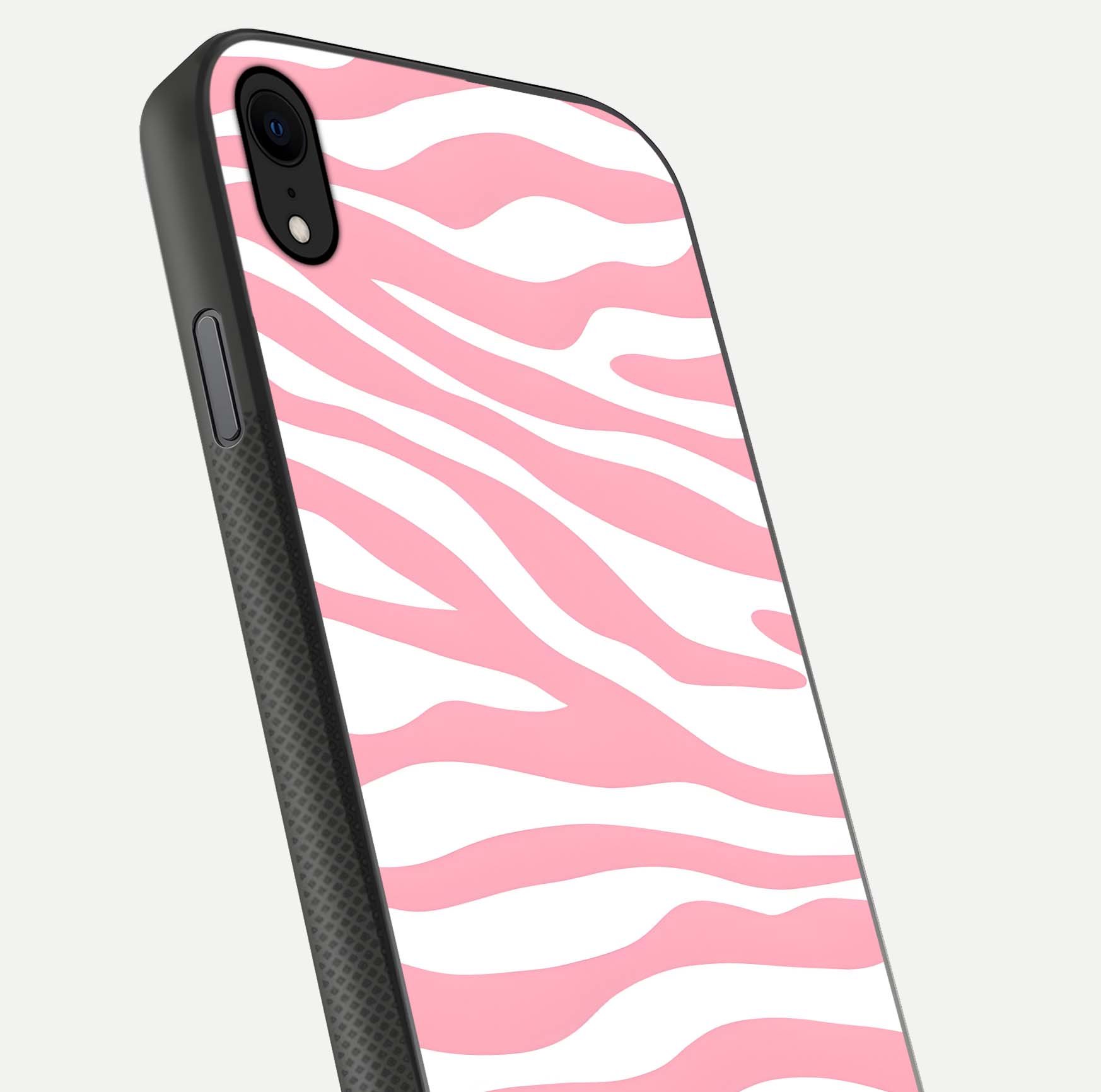 Blush Zebra Flow iPhone Xr glass phone case angled back view highlighting bold zebra artwork and textured side grip