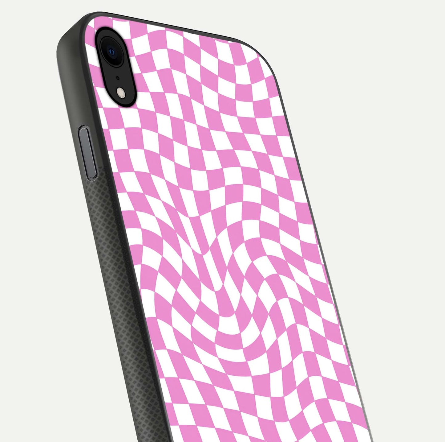 Bubblegum Check Wave iPhone Xr glass phone case angled back view highlighting check wave artwork and side grip texture