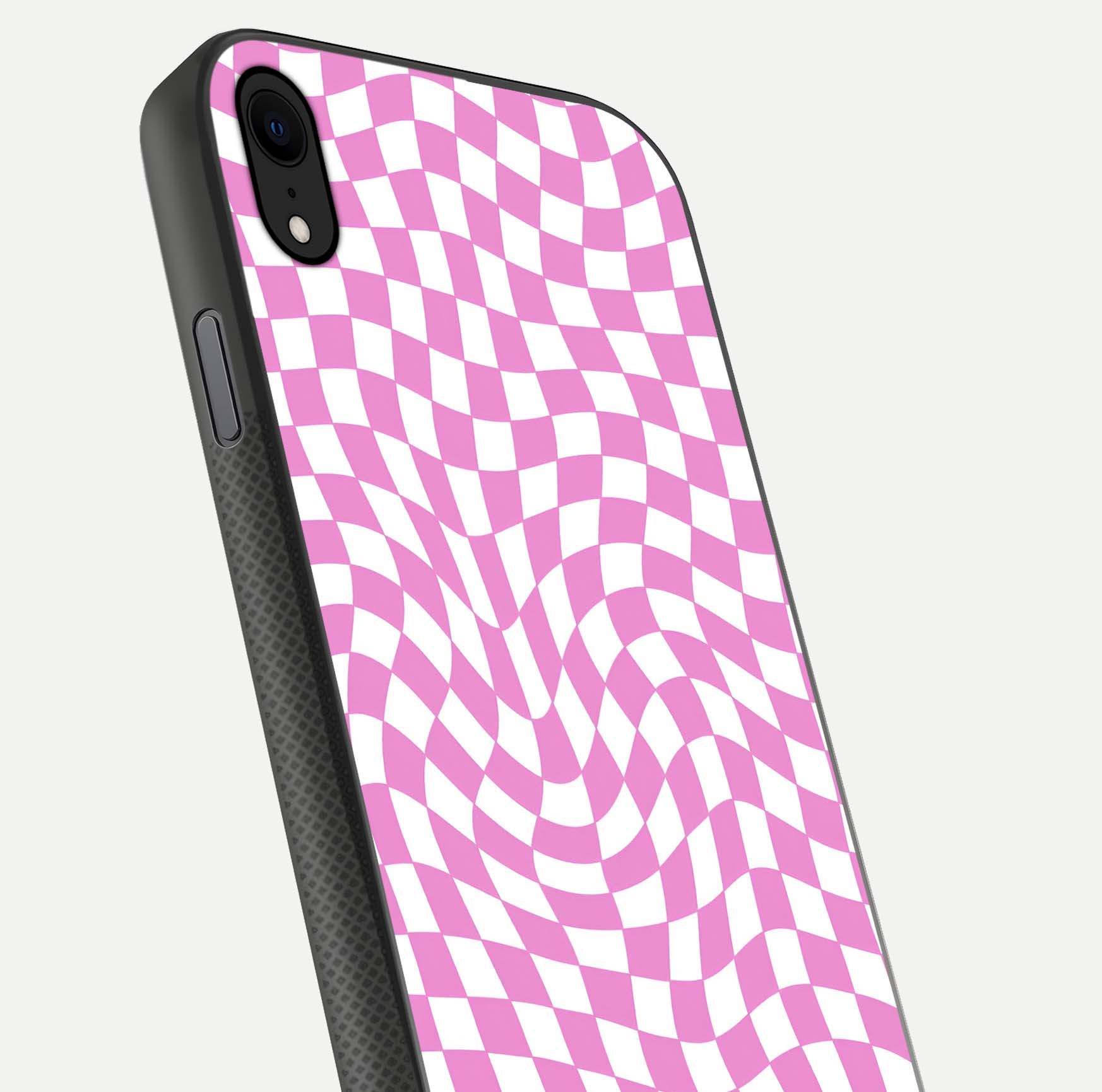 Bubblegum Check Wave iPhone Xr glass phone case angled back view highlighting check wave artwork and side grip texture
