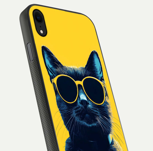 Cool Cat Vibes iPhone Xr glass phone case angled back view highlighting cat artwork and textured side grip