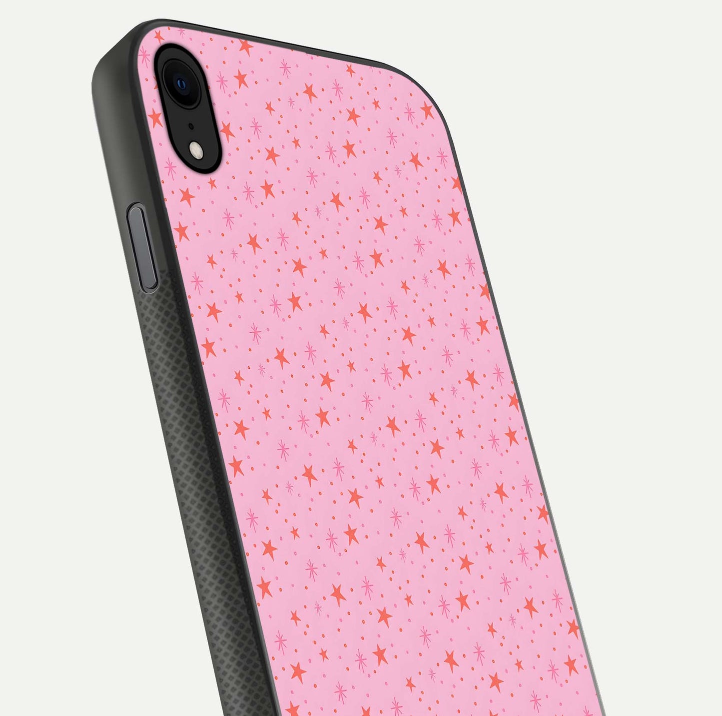 Cosmic Pink Sparkle iPhone Xr glass phone case angled back view highlighting sparkling galaxy design and textured side grip