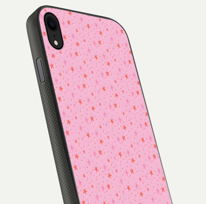 Cosmic Pink Sparkle iPhone Xr glass phone case angled back view highlighting sparkling galaxy design and textured side grip
