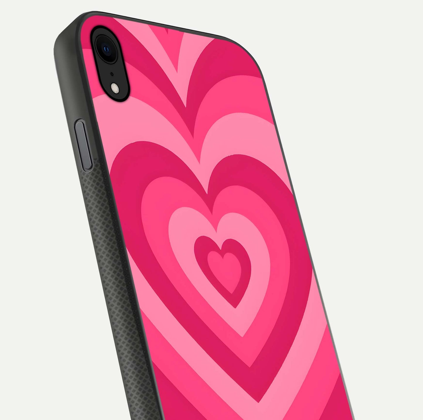 Layered Love Hearts iPhone Xr glass phone case angled back view highlighting heart artwork and textured grip edges