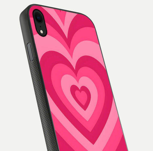 Layered Love Hearts iPhone Xr glass phone case angled back view highlighting heart artwork and textured grip edges