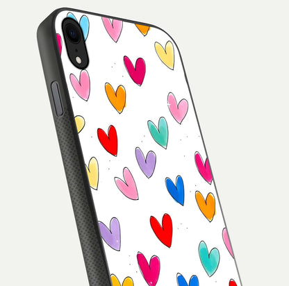 Playful Love Doodles iPhone Xr glass phone case angled back view highlighting doodle artwork and textured grip edges