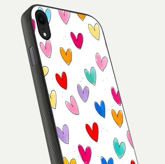 Playful Love Doodles iPhone Xr glass phone case angled back view highlighting doodle artwork and textured grip edges