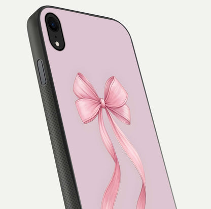 Soft Blush Bow iPhone Xr glass phone case angled back view highlighting bow artwork and side grip texture