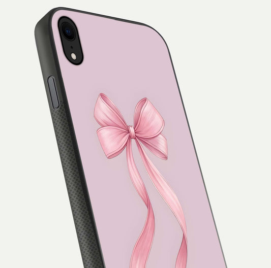 Soft Blush Bow iPhone Xr glass phone case angled back view highlighting bow artwork and side grip texture