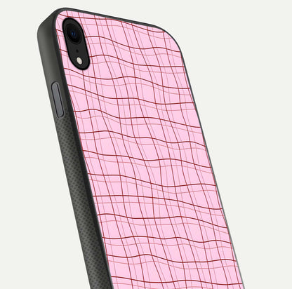Soft Grid Bliss iPhone Xr glass phone case angled back view highlighting grid artwork and side grip texture