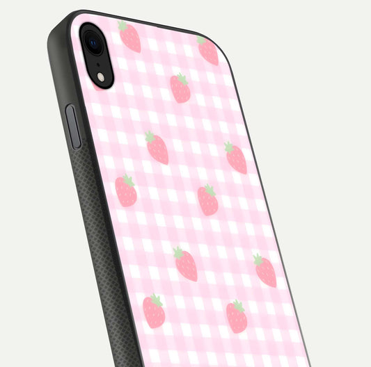 Strawberry Picnic Love iPhone Xr glass phone case angled back view highlighting strawberry illustrations and textured grip