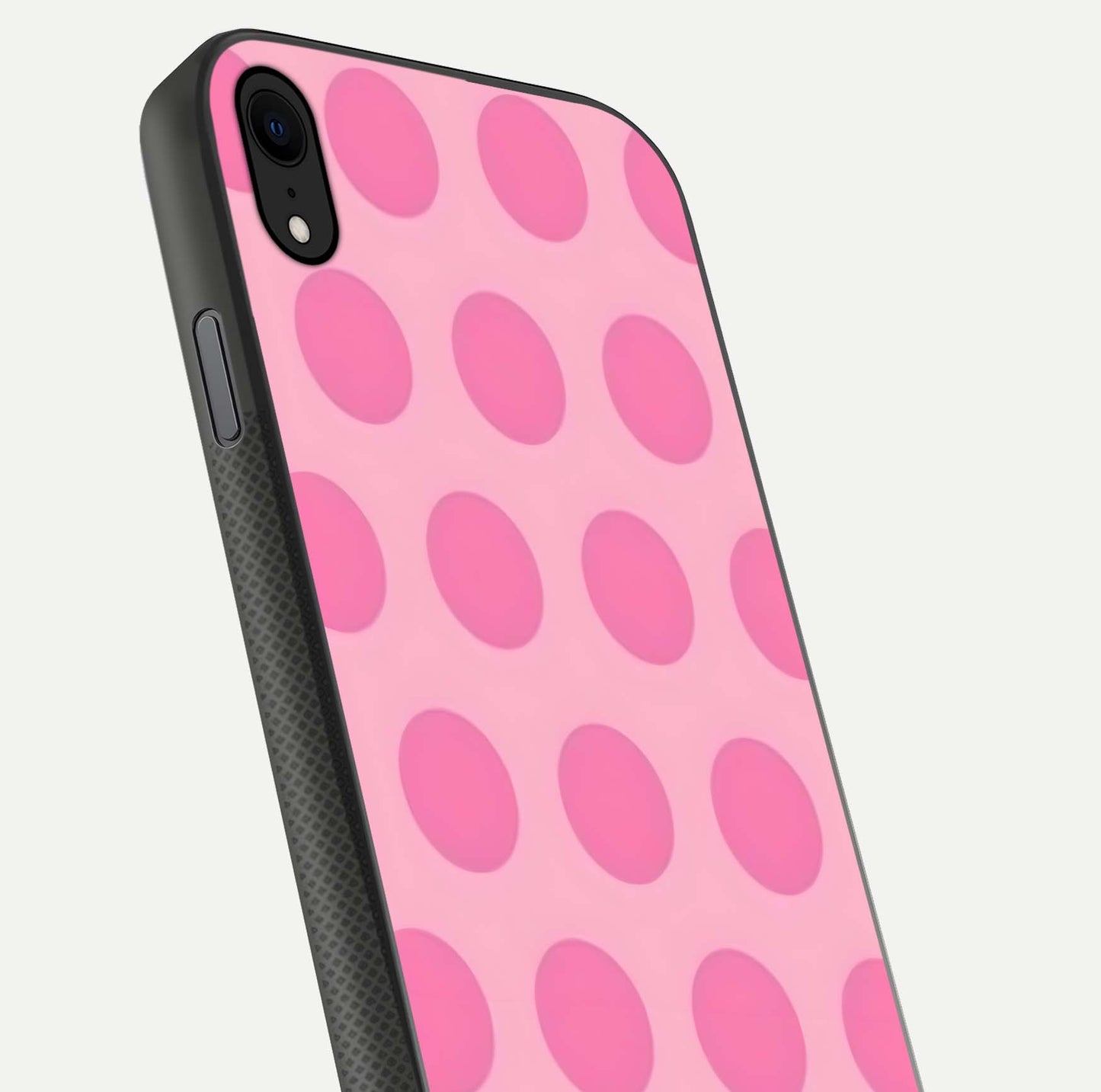 Sweet Dot Dreams iPhone Xr glass phone case angled back view highlighting dotted artwork and side grip texture