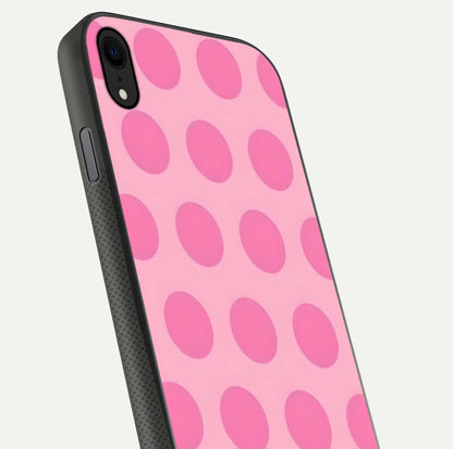 Sweet Dot Dreams iPhone Xr glass phone case angled back view highlighting dotted artwork and side grip texture