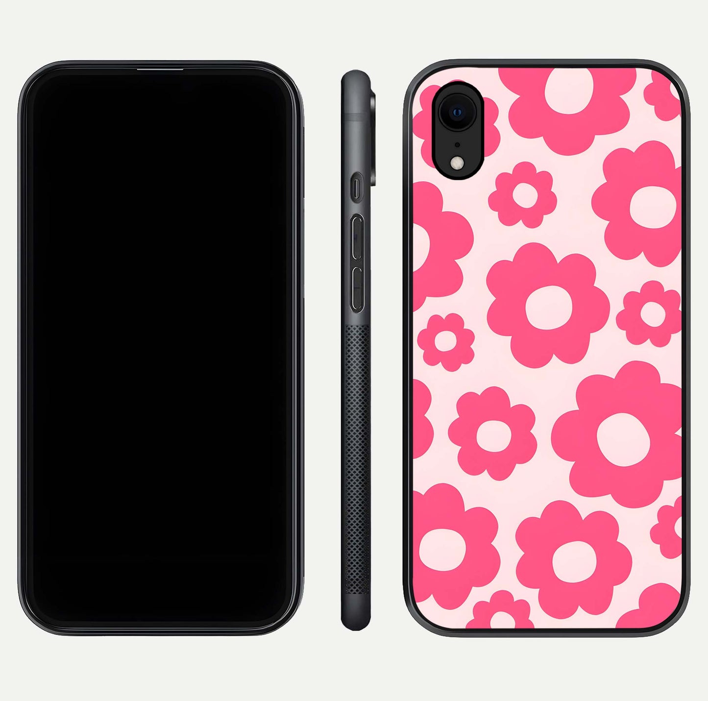 Blush Flower Pop iPhone Xr glass phone case front and side layout view showing slim profile and full floral coverage