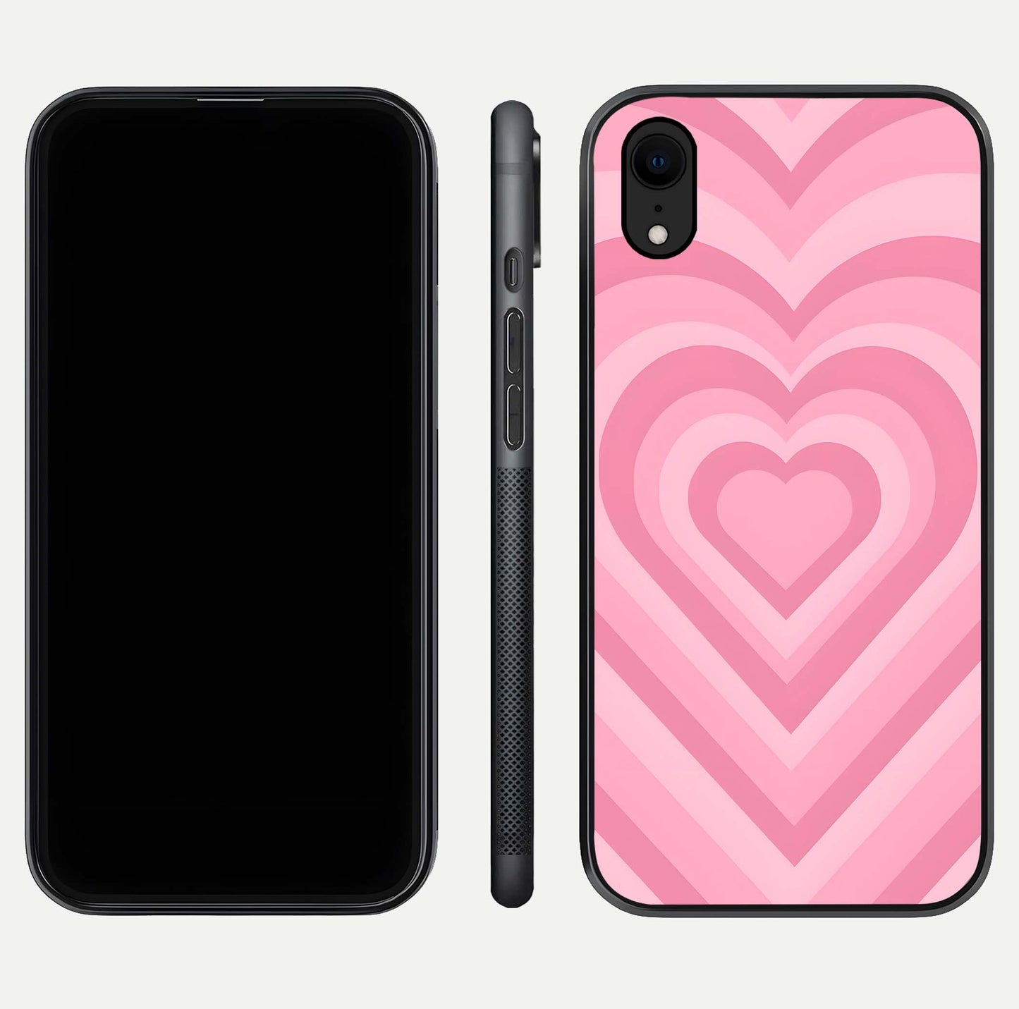 Blush Heart Waves iPhone Xr glass phone case front and side layout view displaying slim frame and full heart pattern