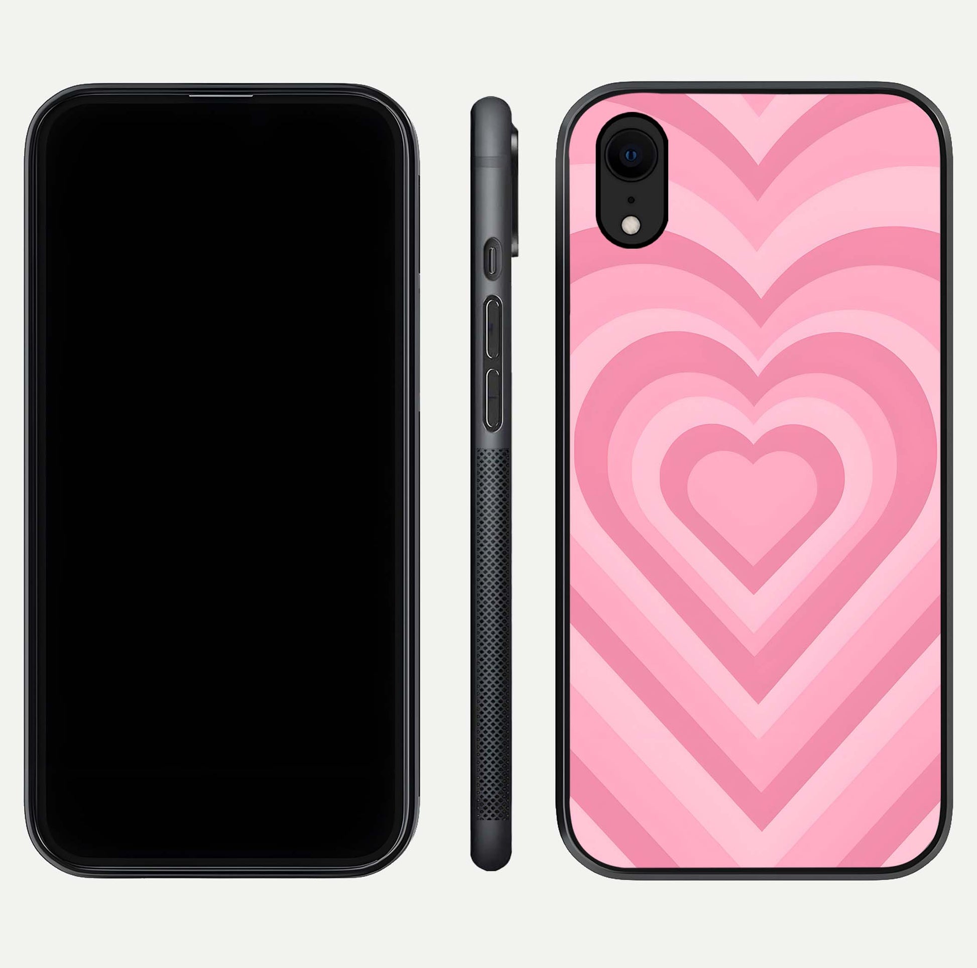 Blush Heart Waves iPhone Xr glass phone case front and side layout view displaying slim frame and full heart pattern