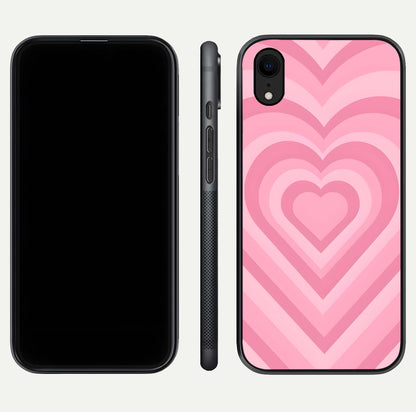 Blush Heart Waves iPhone Xr glass phone case front and side layout view displaying slim frame and full heart pattern
