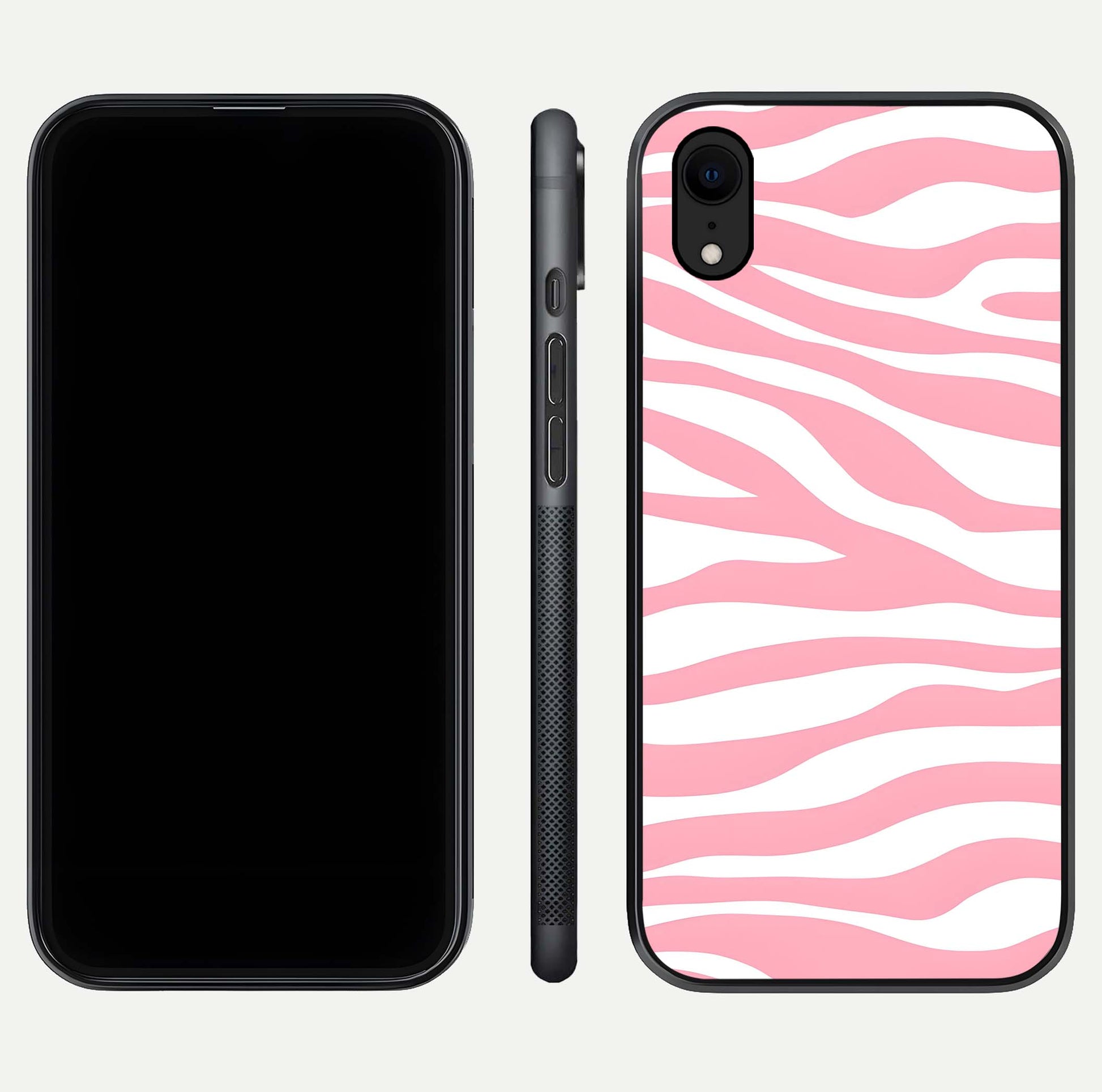 Blush Zebra Flow iPhone Xr glass phone case front and side layout view showing slim build and flowing pattern coverage
