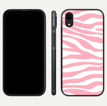 Blush Zebra Flow iPhone Xr glass phone case front and side layout view showing slim build and flowing pattern coverage