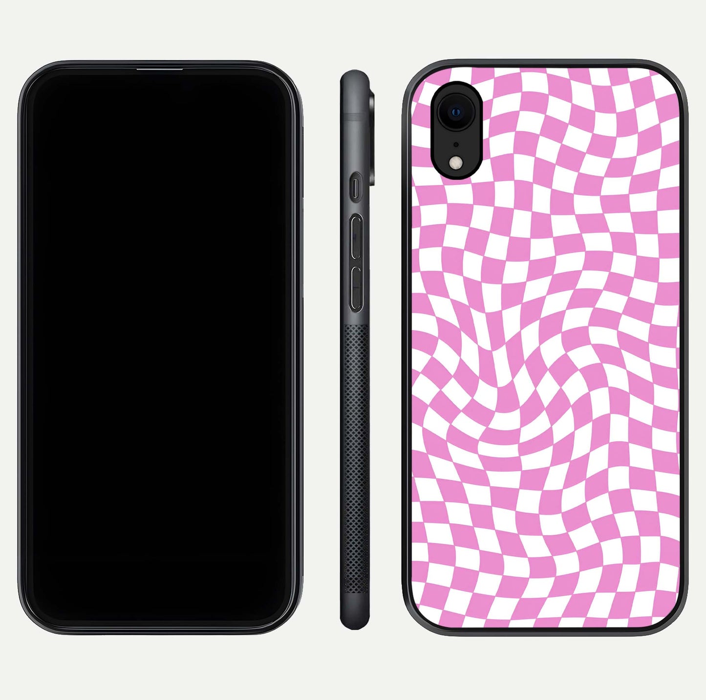Bubblegum Check Wave iPhone Xr glass phone case front and side layout view displaying slim profile and full pattern coverage