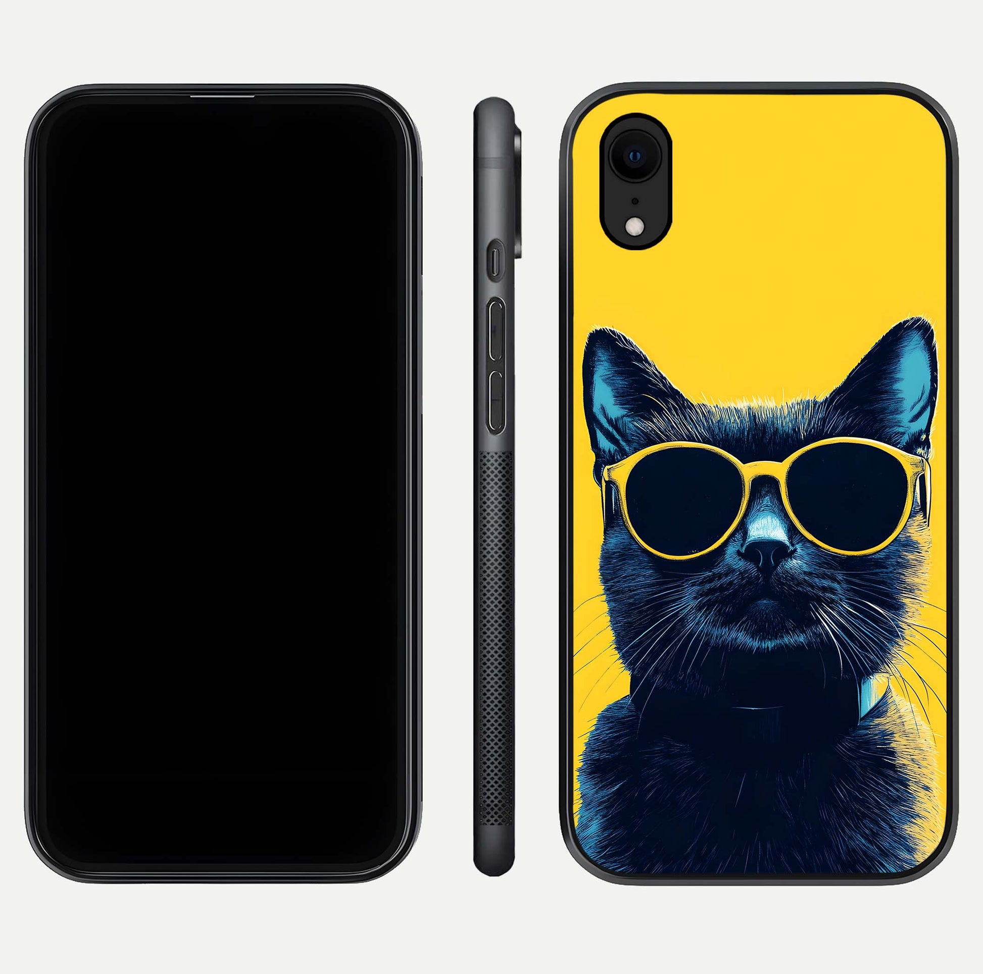 Cool Cat Vibes iPhone Xr glass phone case front and side layout view showing slim frame and full design coverage