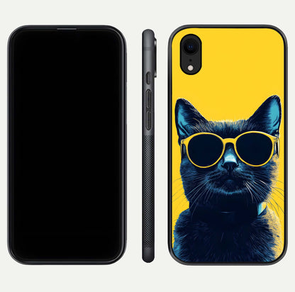 Cool Cat Vibes iPhone Xr glass phone case front and side layout view showing slim frame and full design coverage