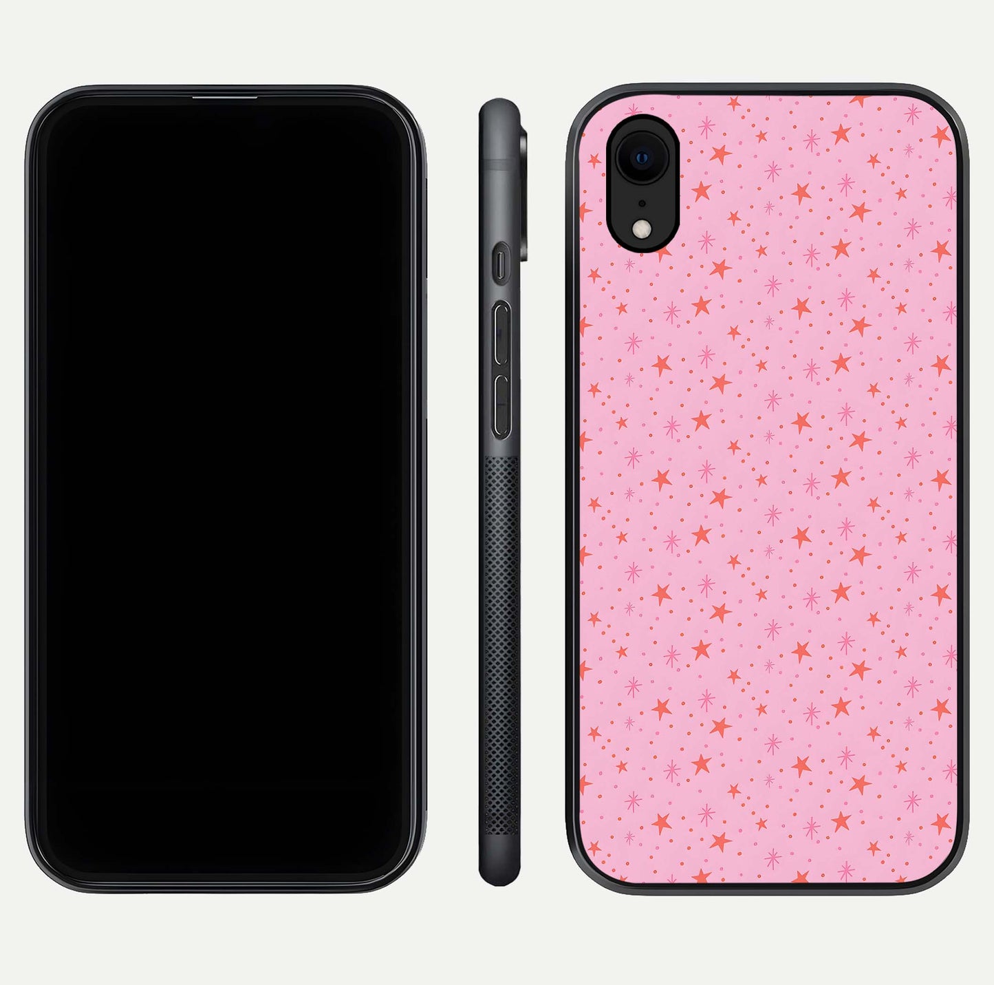 Cosmic Pink Sparkle iPhone Xr glass phone case front and side layout view displaying slim profile and full cosmic coverage